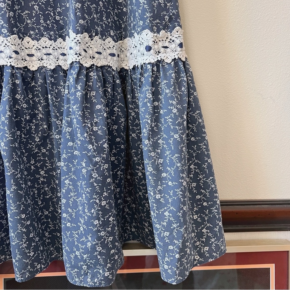 Vintage 70’s Princess Kaiulani hippie prairie calico navy blue lace maxi dress - Picture 6 of 9